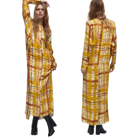 Zara Dresses & Skirts - Zara Dress Tie Dye Plaid Print Dolman Sleeve Maxi Mustard Yellow M Blogger Fav